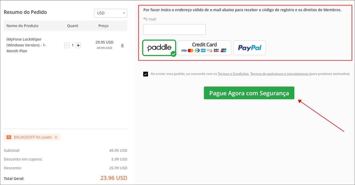 Digitar suas informações para obter o produto