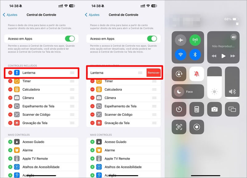 remover a lanterna do Central de Controle iOS