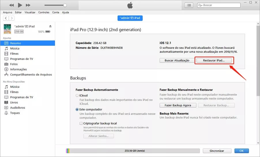 Restaurar iPad inativo com iTunes