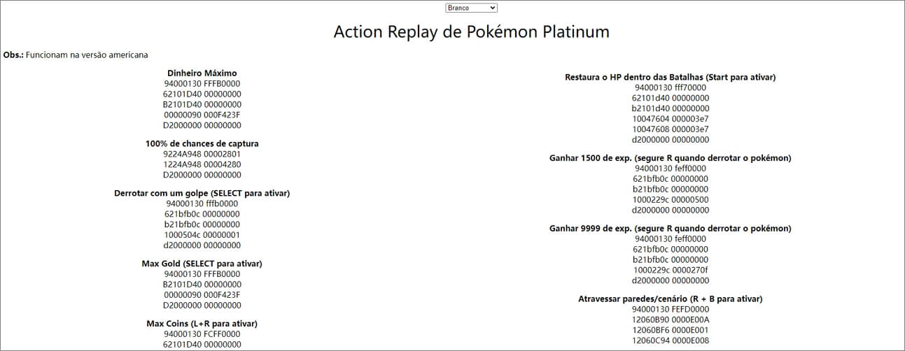 Códigos de Action Replay do Pokémon