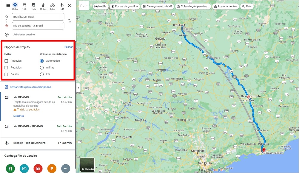 Definir distância e formas de transporte ds rota