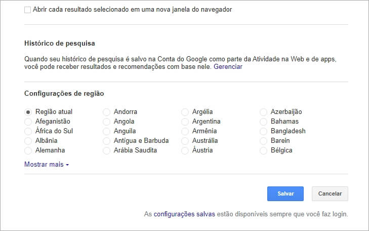 Mudar localização de pesquisa do Google