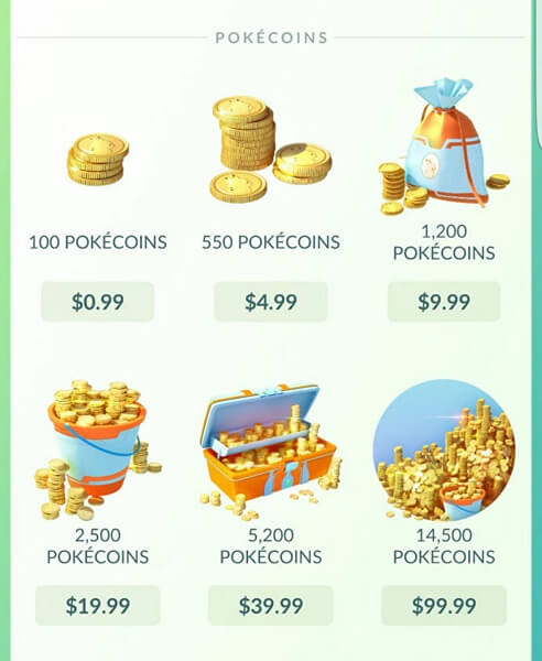 Os preços de moedas do Pokémon Go