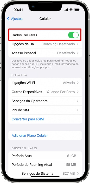 Verificar o status dos dados móveis do iPhone