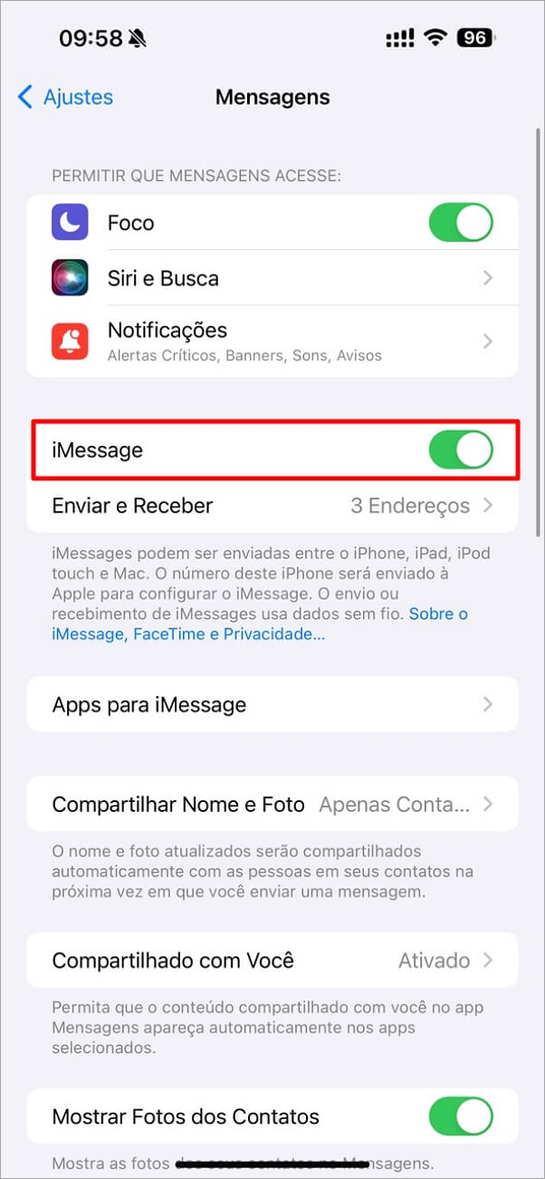 Reativar iMessage