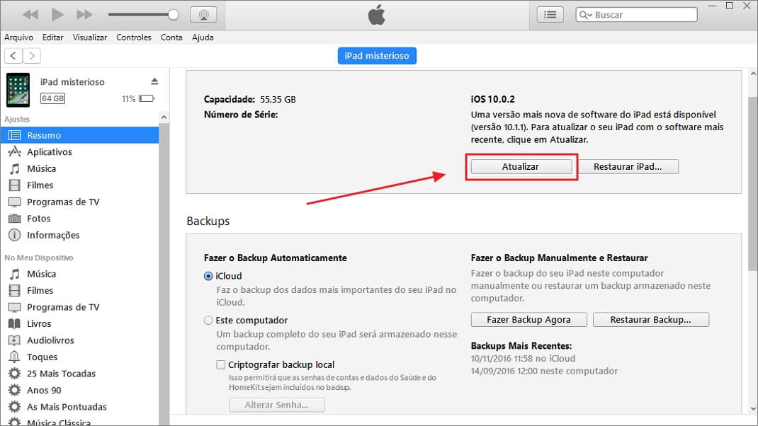 Tentar atualizar o iPad via iTunes