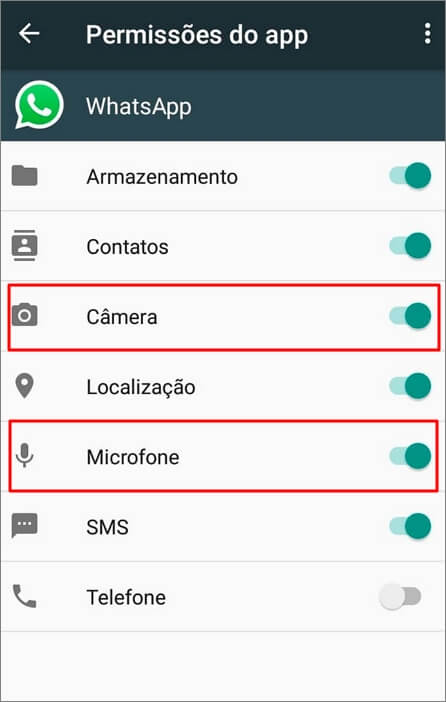Ativar permissões do WhatsApp do Android