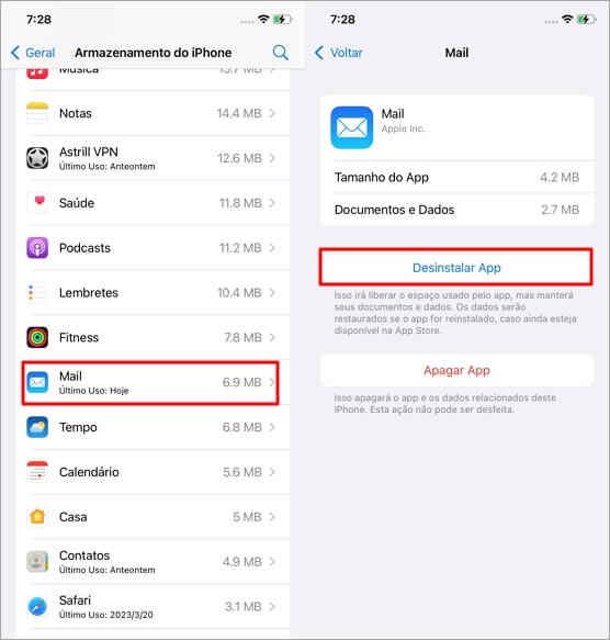 Desinstalar app Mail do iPhone