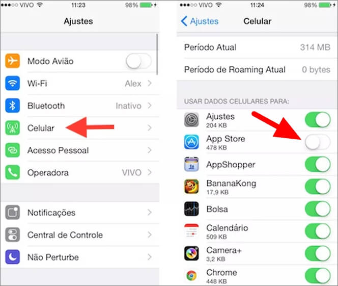 Ativar dados móveis de App Store