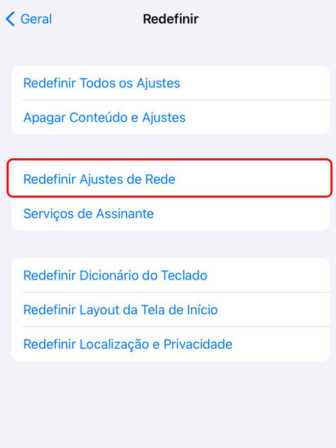 Redefinir Ajustes de Rede no iOS 14 ou anteriores