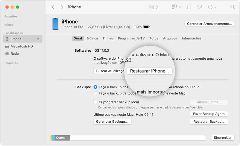 Restaurar iPhone com Finder ou iTunes