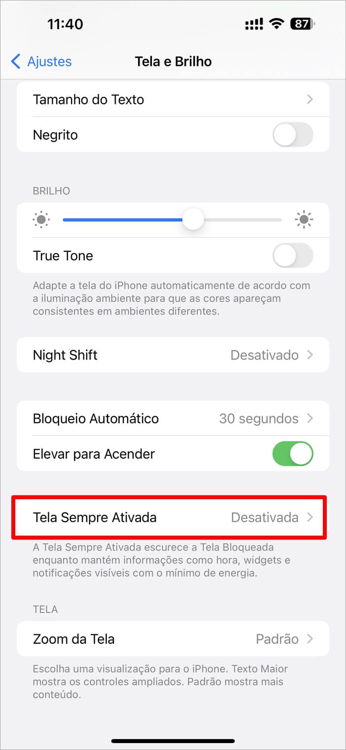 Ativar opção de Tela Sempre Ativada do iPhone