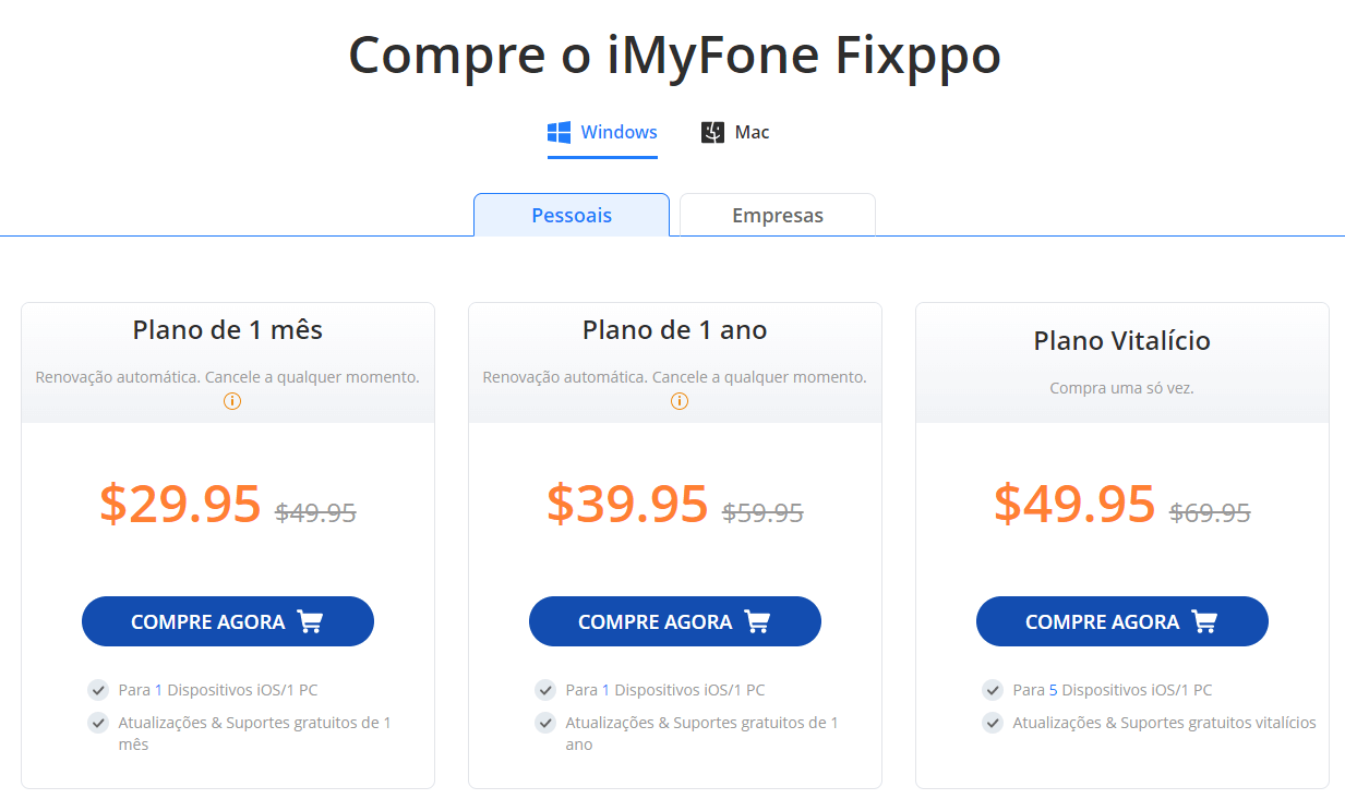 Tipos de licença de iMyFone Fixppo
