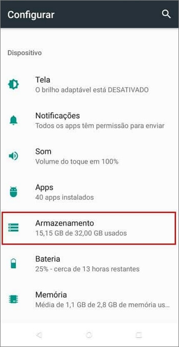 Verificar o arazenamento do Android