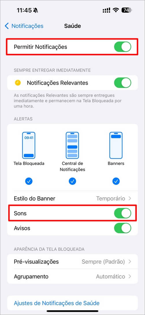 Ativar configurações de notificações de APP