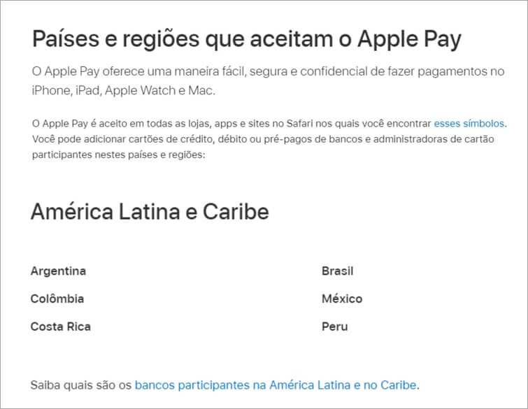 Verifique se sua região é disponível para usar Apple Pay