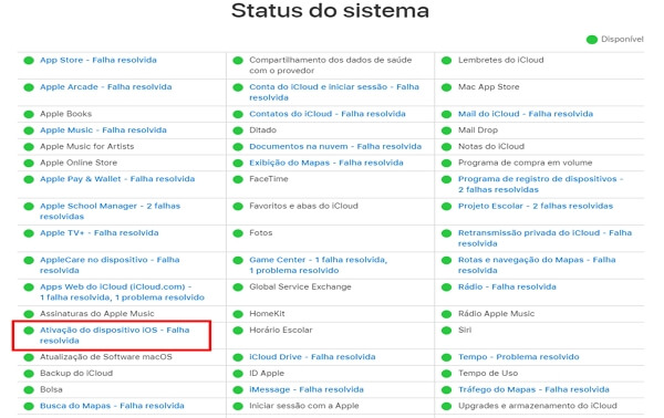 status do sistema iOS