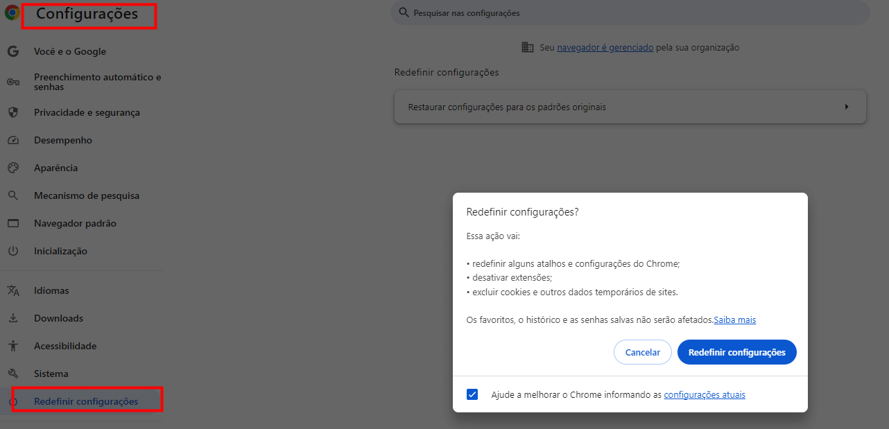 Restaurar configurações para os padrões originais do Chorme