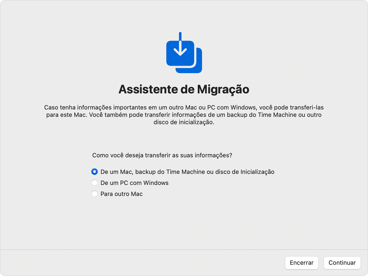 use Assistente de Migração para transferir as informações depois de restaurar Mac