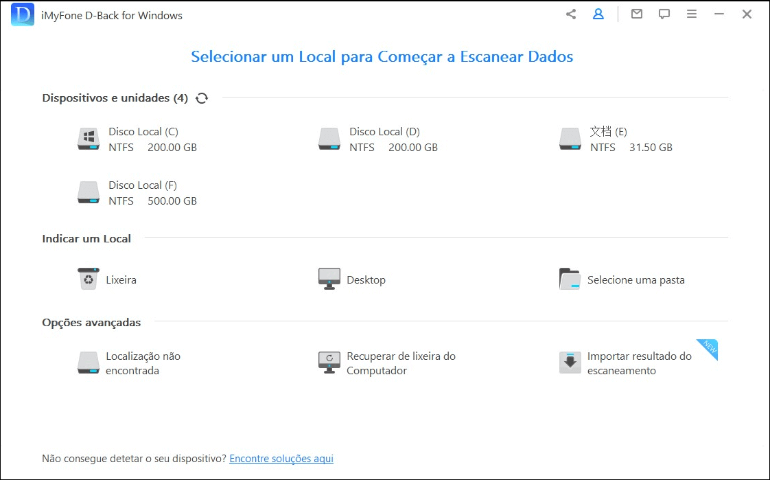 Interface D-Back for Windows para recuperar windows não reconhece HD