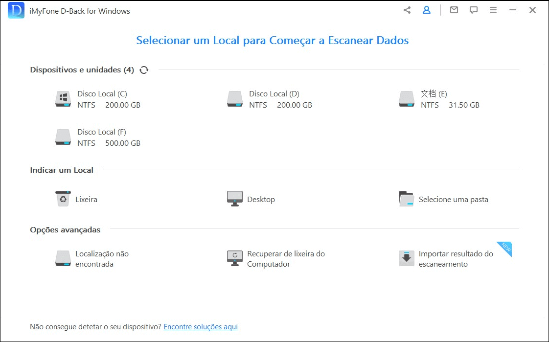 Interface selecione um local para recuperar cartão sd corrompido grátis