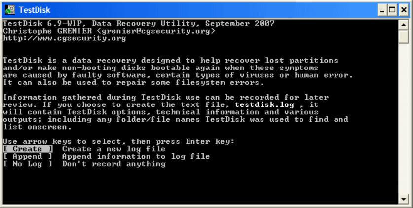 Criar um novo arquivo de log no TestDisk