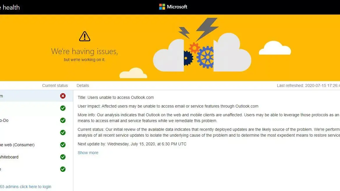 verifique serviço do Outlook