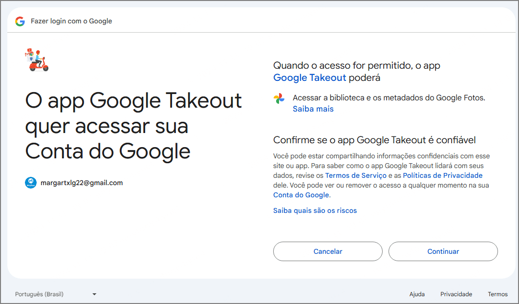 Entre na conta Google para autorizar o acesso