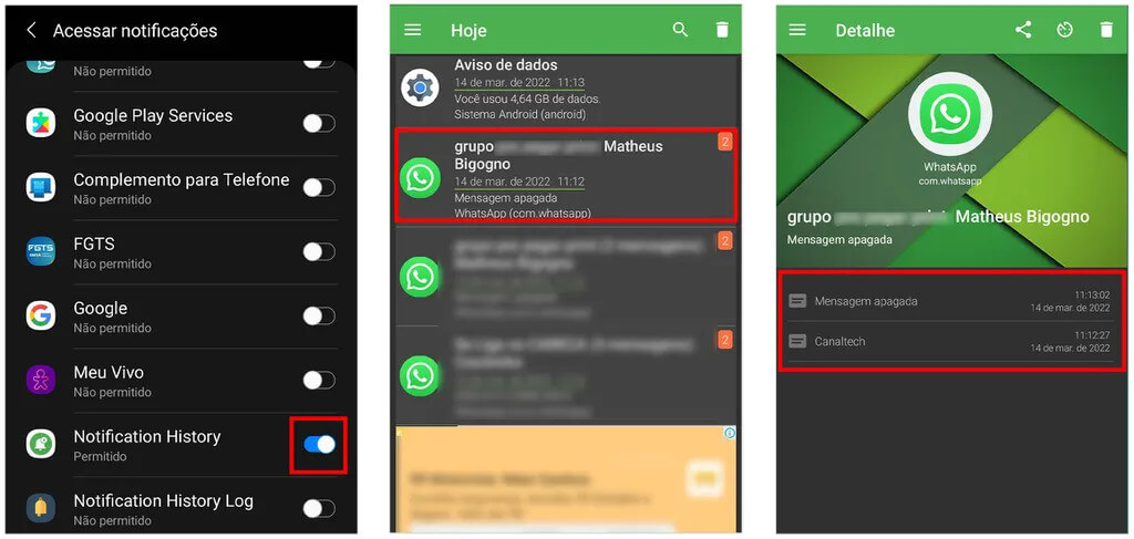 Como recuperar imagens apagadas do WhatsApp Android no Notification History