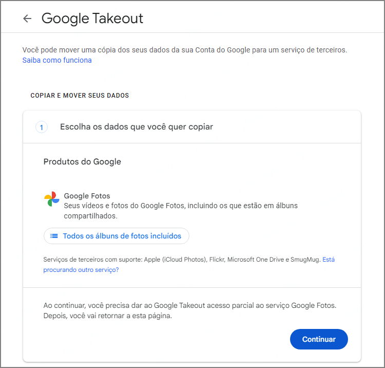 Configure a transferência pelo Google Takeout