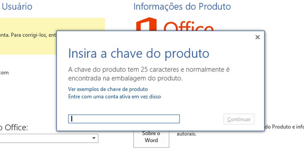 insira chave do produto office 2016