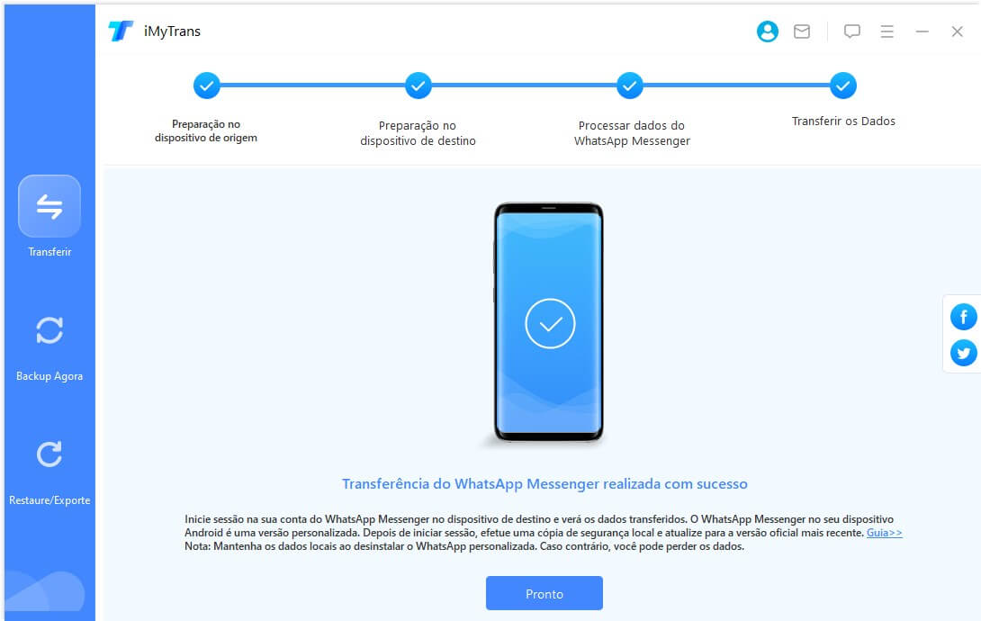 transferÃªncia do WhatsApp do iPhone para Android realizada com sucesso