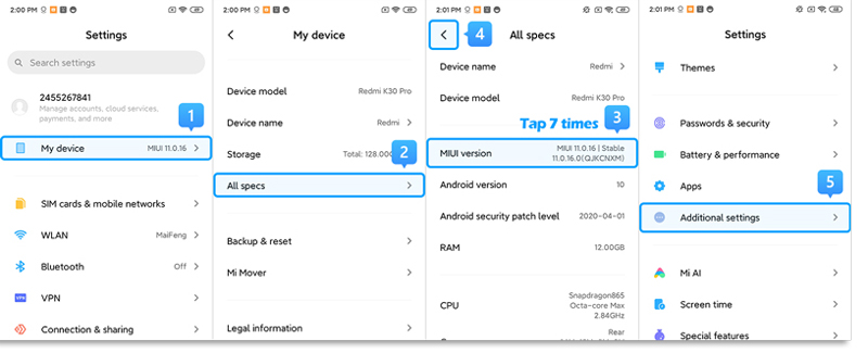 ligue a Depuração USB no xiaomi correndo miui 11 etapa 1