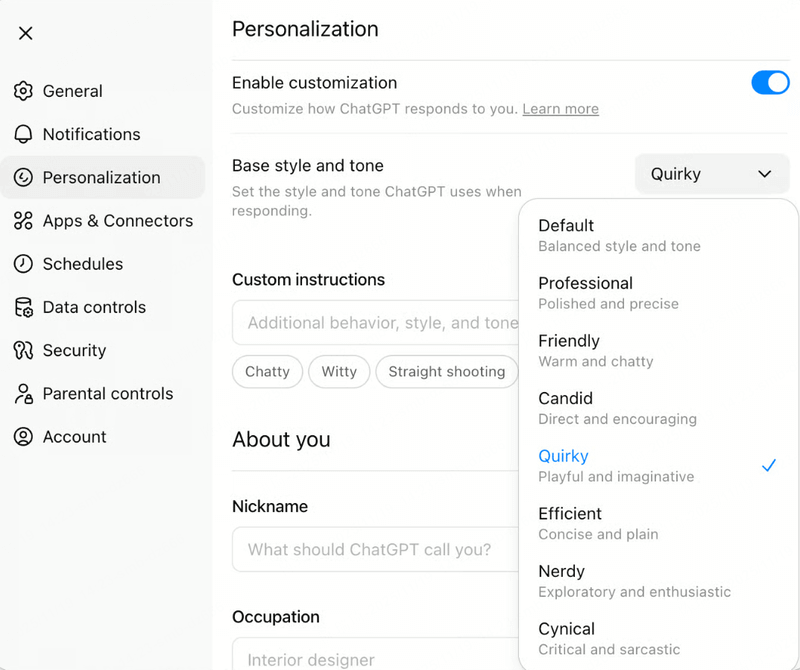 gpt 5.1 personalization hub