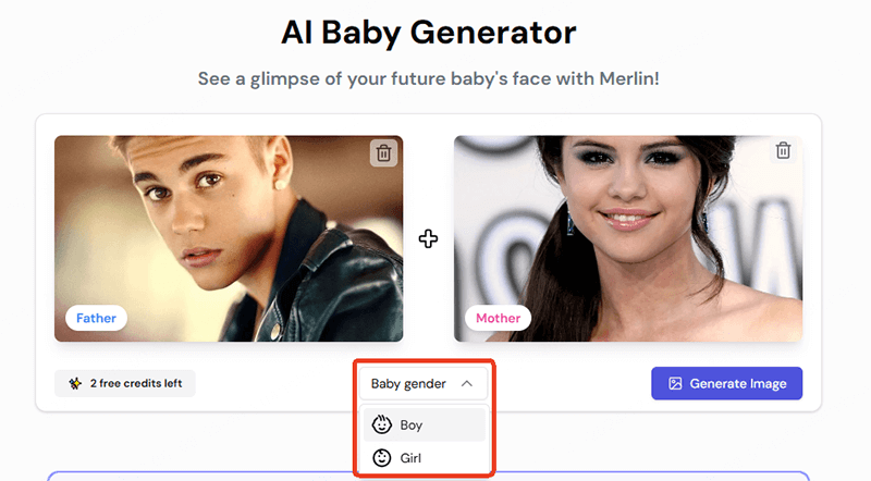 Generate an AI Baby on Merlin AI Baby Generator Select the Gender