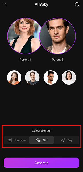 select the gender to generate ai baby on wondersnap