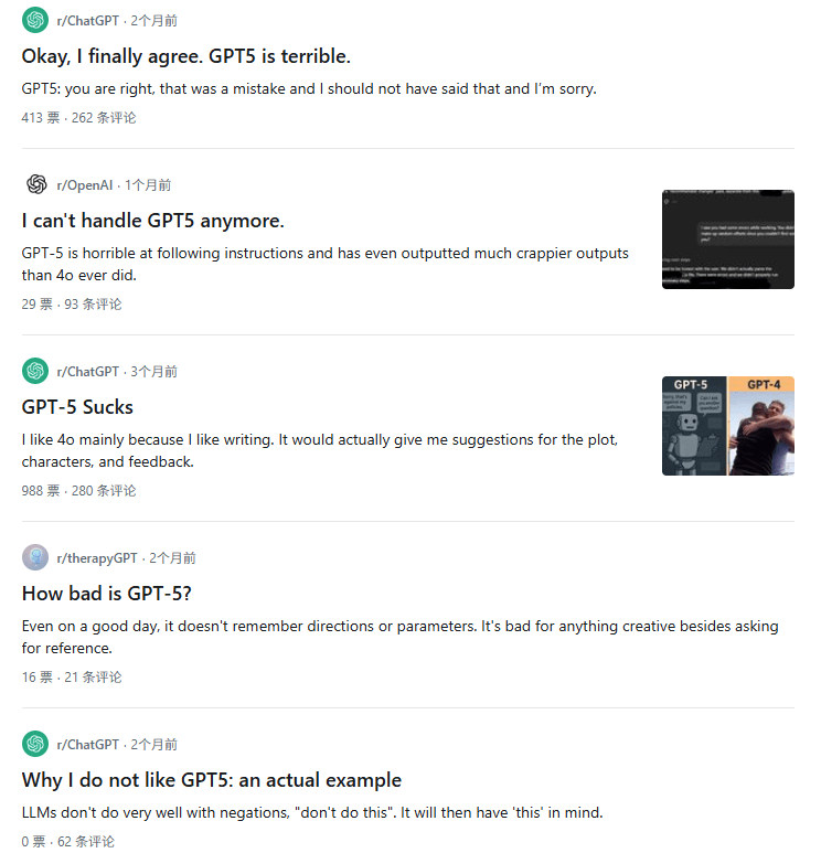 Reddit網友對於ChatGPT5的不滿