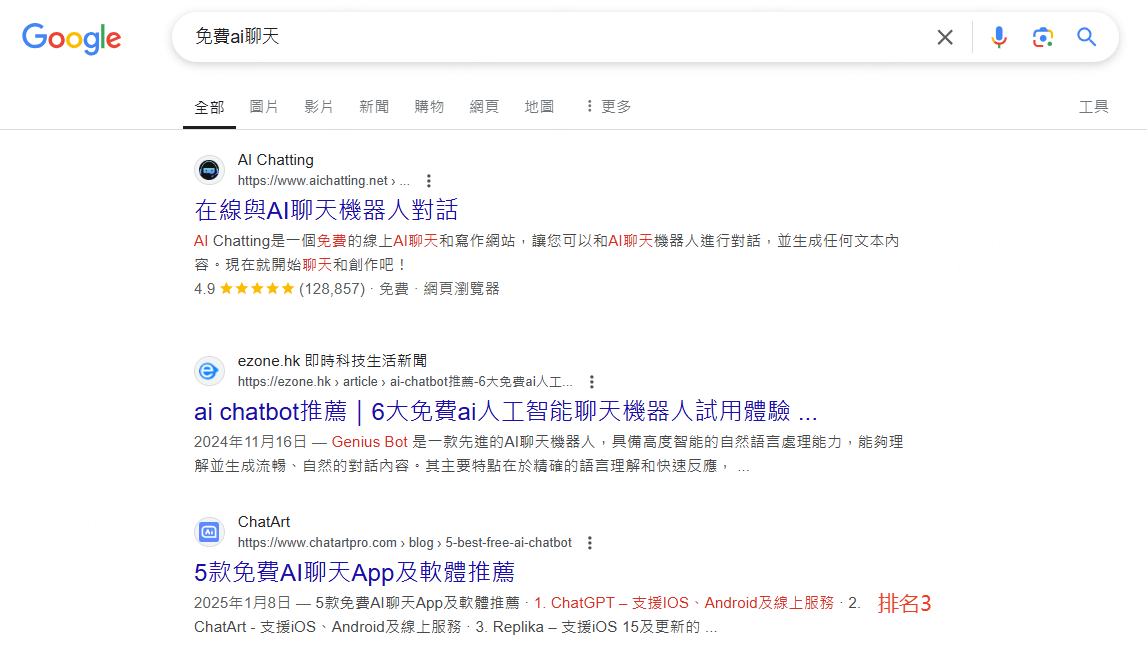 chatart seo 排名實例 關鍵字 免費ai聊天