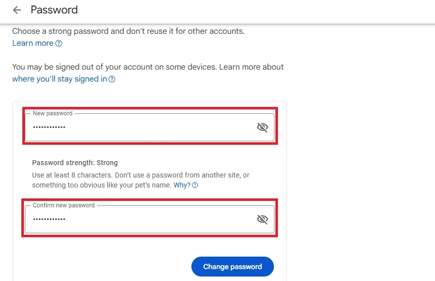 Google account password change