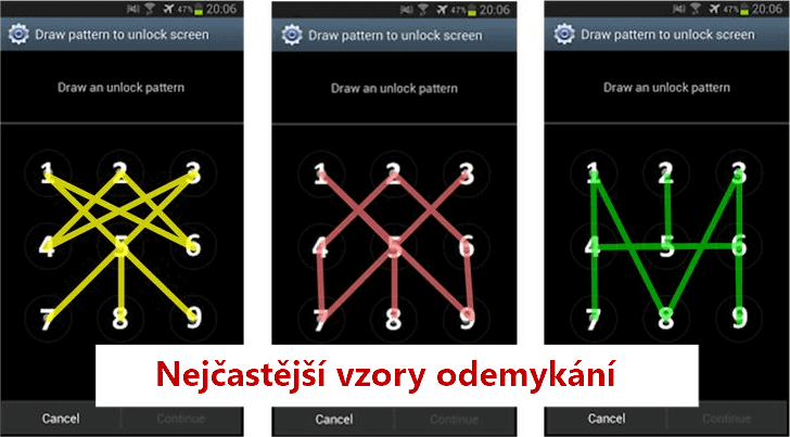 Nejčastější vzory odemykání pro systém Android