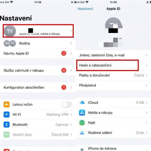 Přístup k nastavení iPhone apple ID