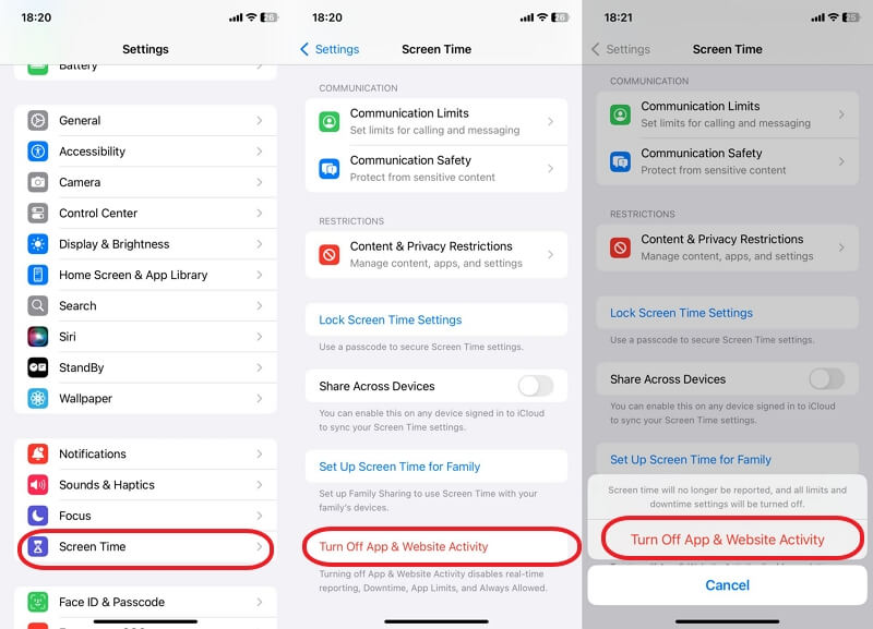 Vypnout Čas u obrazovky pro opravu neaktivního Apple ID