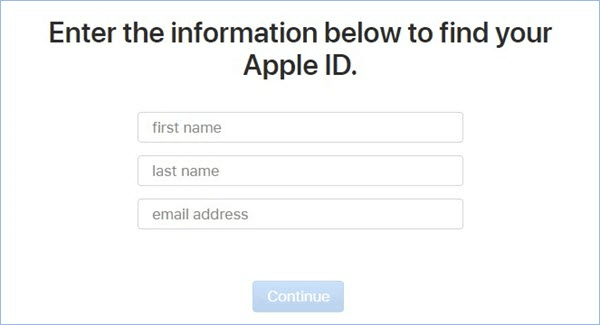 zadejte informace pro zjištění vašeho apple id