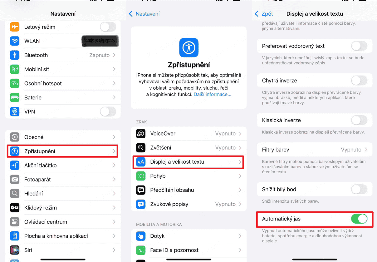 Vypnutí automatického nastavení jasu iPhonu