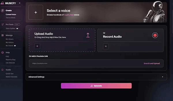 Musicfy AI zpívá rozhraní