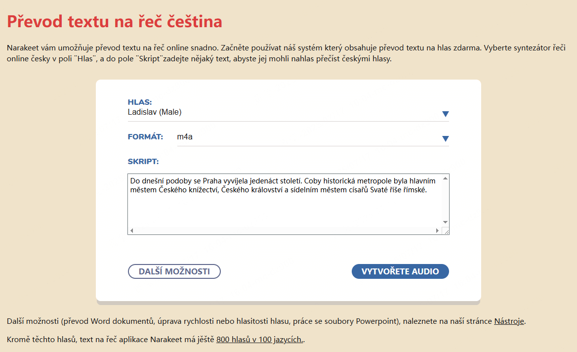 narakeet, převod textu na řeč česky online