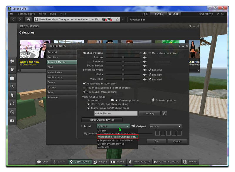 výběr virtuálního zvukového zařízení měniče hlasu v Second Life