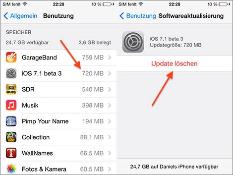 Löschen Sie die iOS 16-Update-Datei
