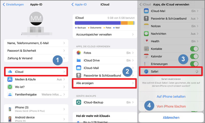 Safari Verlauf löschen iPhone Synchronisierung von Safari mit iCloud deaktivieren