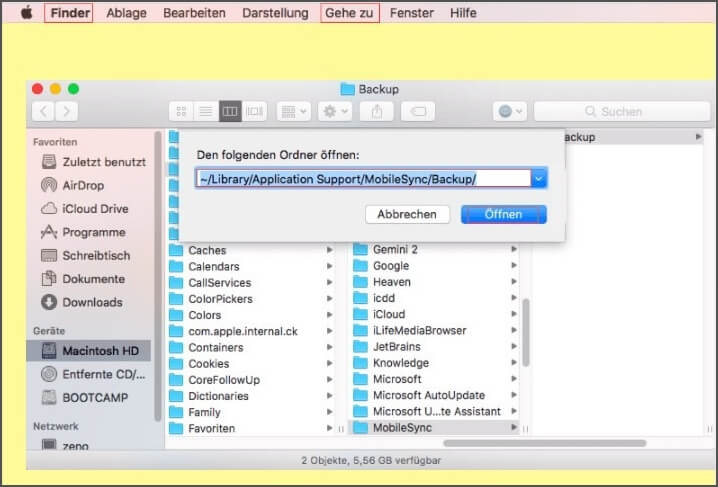 Speicherort der iTunes-Backup-Datei auf Mac Spotlight